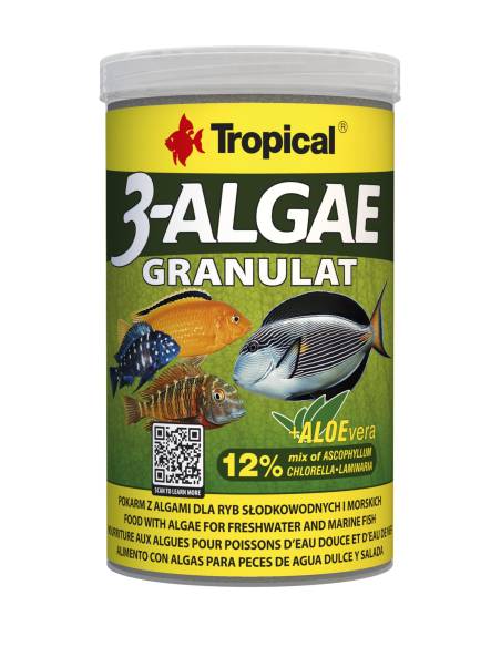 TROPICAL 3-ALGAE es un alimento en forma de granulado que se hunde lentamente, rico en algas.