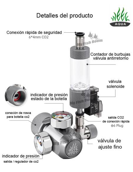 Manoreductor regulador Week Aqua de CO2 con doble reloj de presión,  electroválvula solenoide y cuenta burbujas Week Aqua